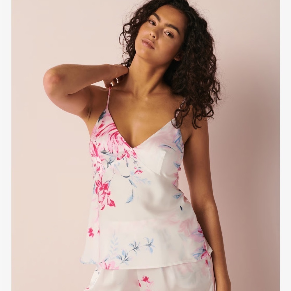 La Vie En Rose Luxury Edition Pink and White Floral Satin Camisole White Garden
